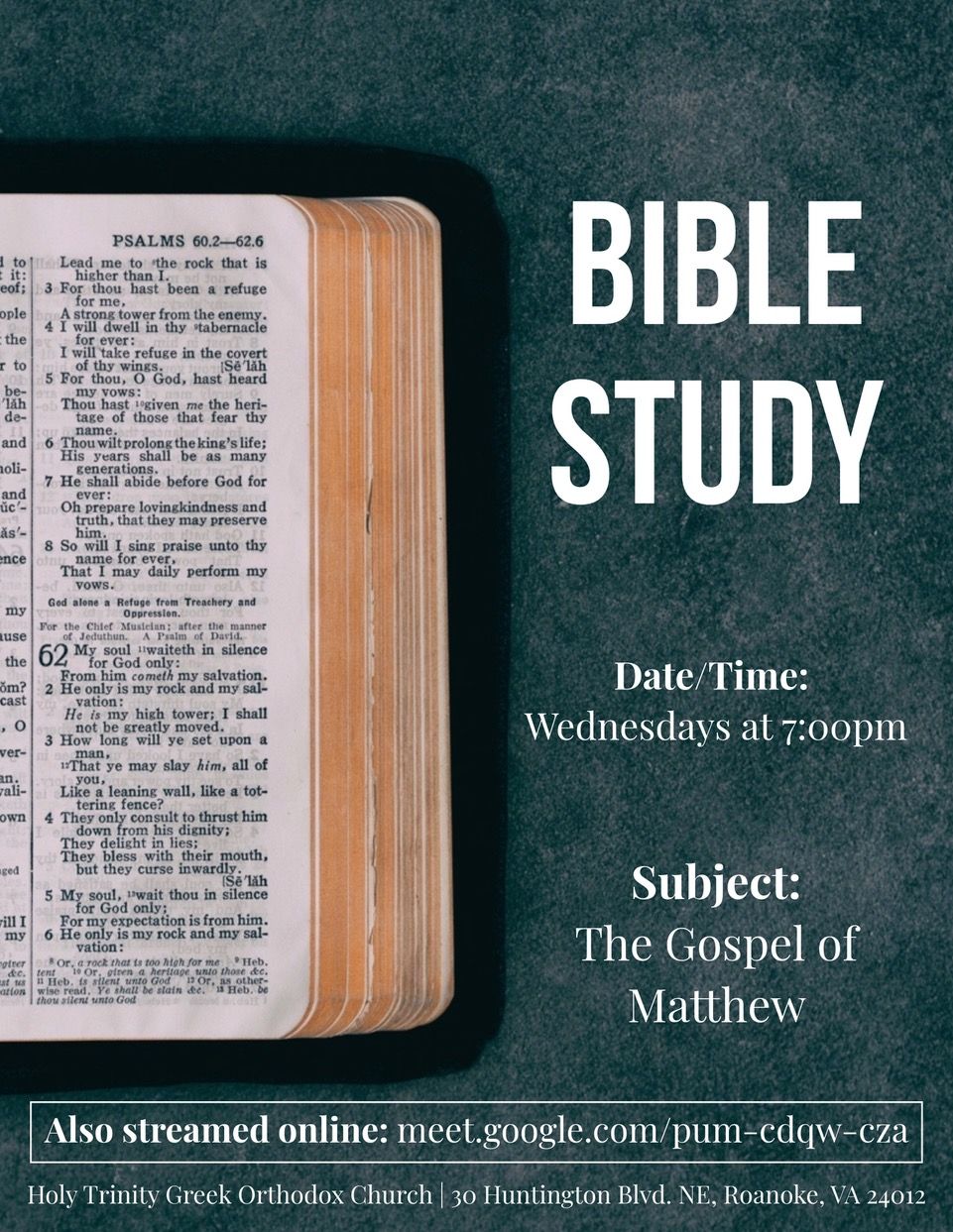 Join Fr. Theodore Wednesday nights at 7:00pm for bible study on the Gospel of Matthew