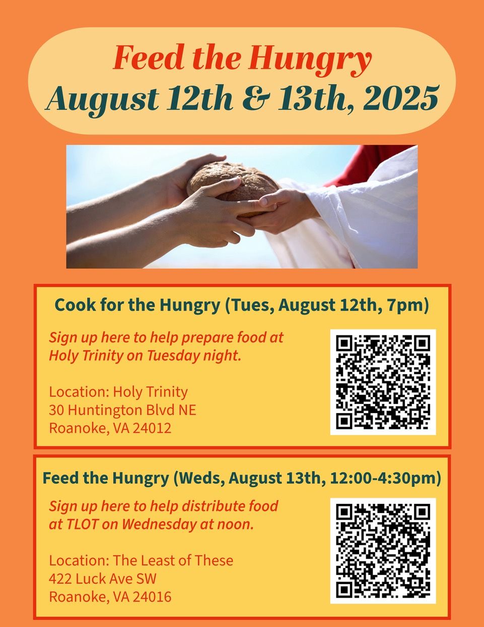 Sign up to cook for the hungry and serve the food at TLOT on August 12 and 13.